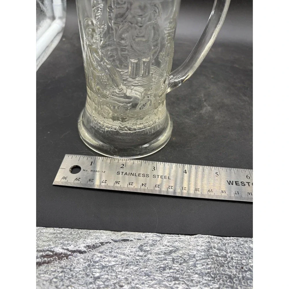 Vntg‎ Pressed Glass Beer Stein Tavern Scene Embossed Clear Glass Mug Collectible